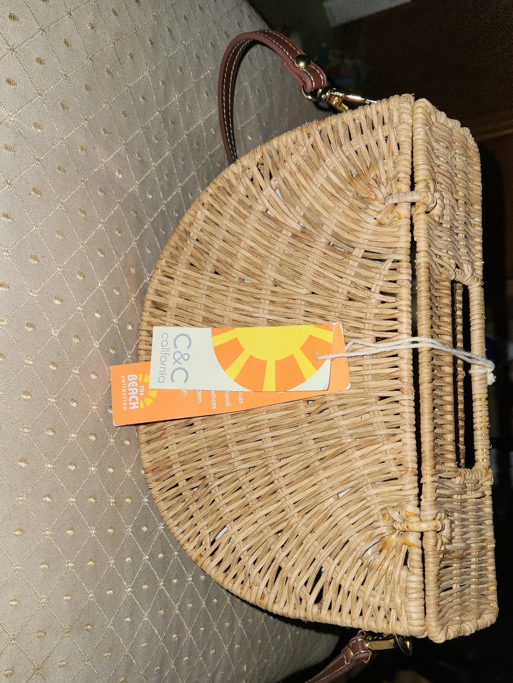 C&C California Natural Woven Rattan Basket Handbag with Brown Handles
